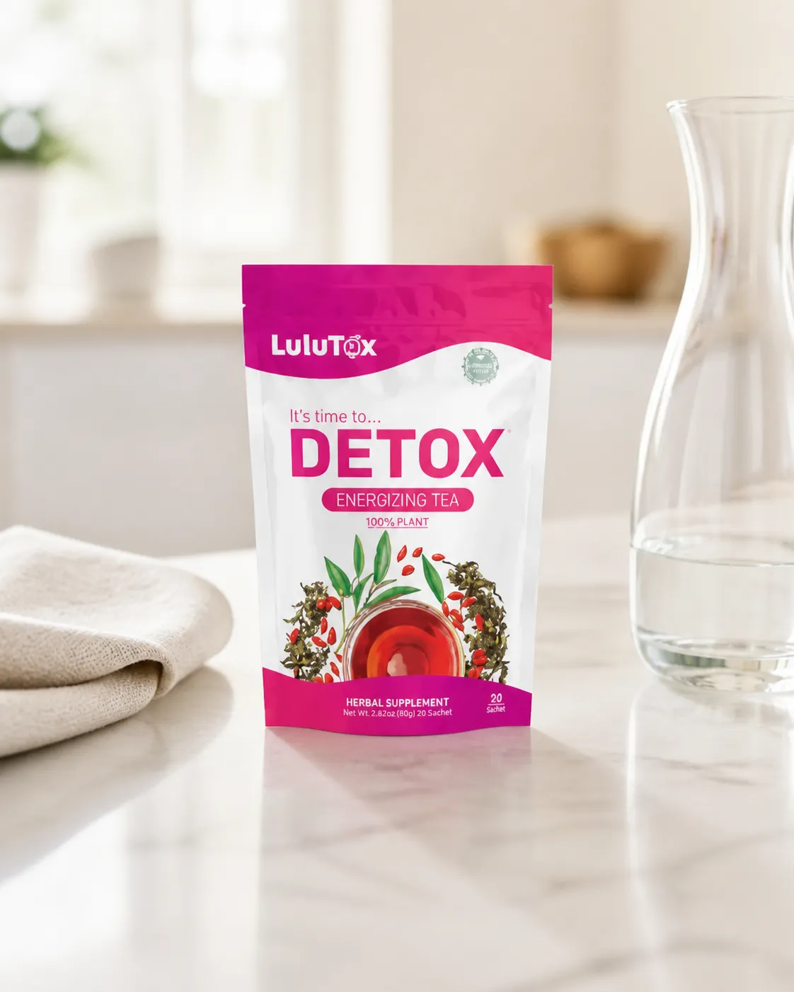 Lulutox Detox Tea — Verpackung im Alltag