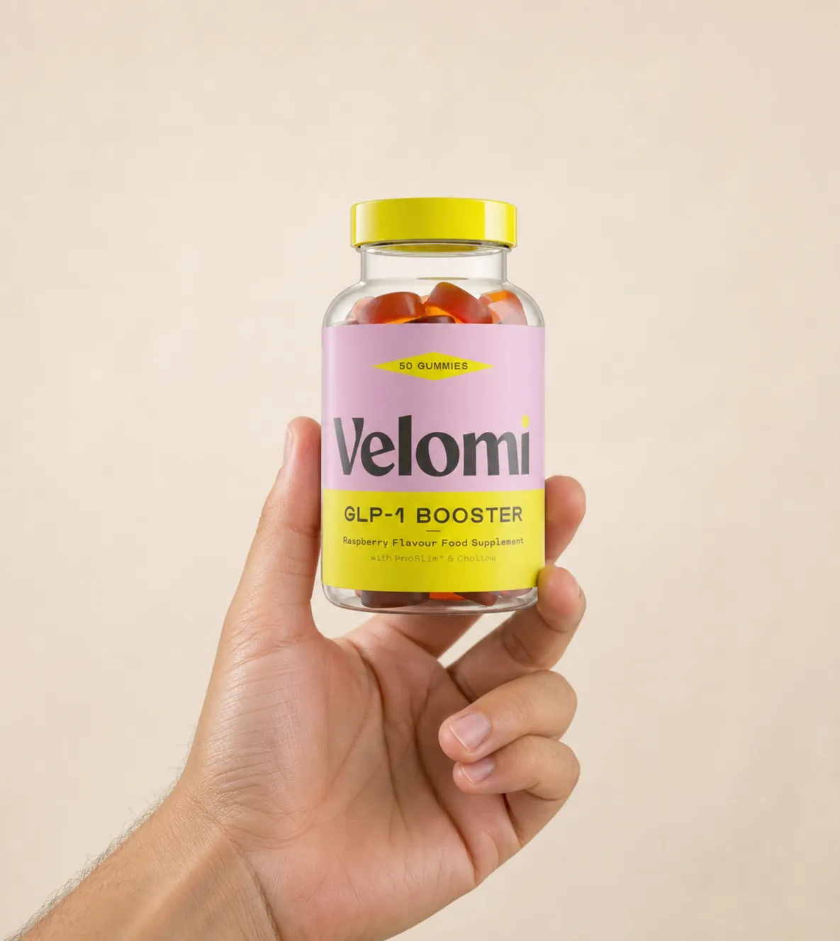 Velomi GLP-1 Gummies — Verpackung in der Hand